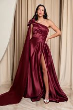 Φόρεμα maxi one shoulder με διακοσμητικό λουλούδι βουργουνδί - Image 2