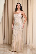 Φόρεμα maxi γοργονέ με πέτρες και στρας nude - Image 4