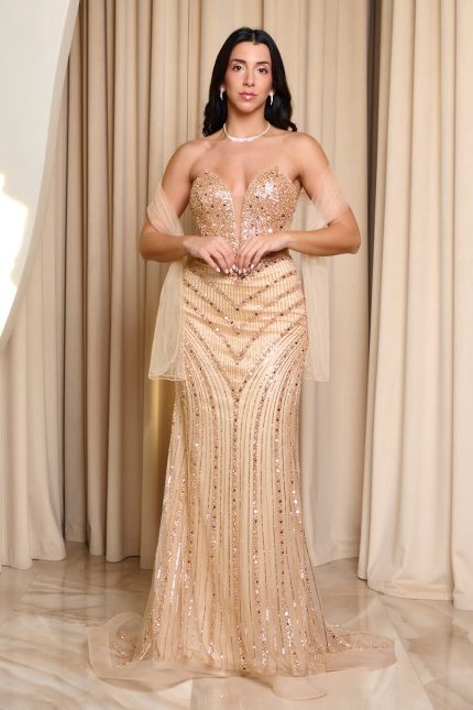 Φόρεμα maxi στράπλες με διαφάνειες και χάντρες χρυσό