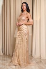 Φόρεμα maxi στράπλες με διαφάνειες και χάντρες χρυσό - Image 4