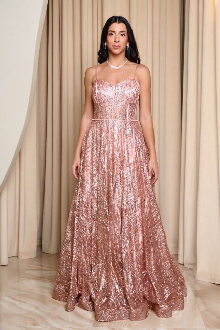 Φόρεμα maxi με τρισδιάστατο γκλίτερ και κορσέ ροζ