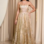 Φόρεμα maxi με τρισδιάστατο γκλίτερ και κορσέ χρυσό