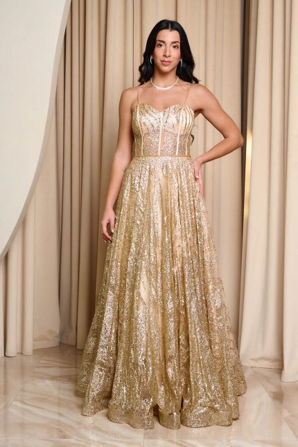 Φόρεμα maxi με τρισδιάστατο γκλίτερ και κορσέ χρυσό
