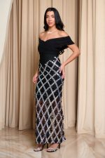 Φόρεμα maxi off shoulder με παγιέτες και πέτρες μαύρο - Image 3