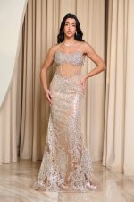 Φόρεμα maxi γοργονέ με παγιέτες και πέτρες nude