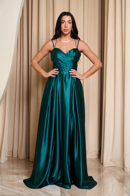 Φόρεμα maxi σατεν με πιέτες κυπαρισσί