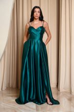 Φόρεμα maxi σατεν με πιέτες κυπαρισσί - Image 2