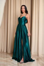 Φόρεμα maxi σατεν με πιέτες κυπαρισσί - Image 3