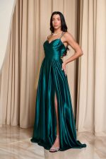 Φόρεμα maxi σατεν με πιέτες κυπαρισσί - Image 4