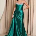 Φόρεμα maxi στράπλες σατεν με στρας κυπαρισσί