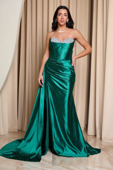 Φόρεμα maxi στράπλες σατεν με στρας κυπαρισσί