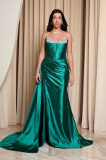 Φόρεμα maxi στράπλες σατεν με στρας κυπαρισσί - Image 2