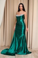 Φόρεμα maxi στράπλες σατεν με στρας κυπαρισσί - Image 3