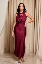 Φόρεμα maxi ντραπέ με λεπτομέρεια διαφάνεια βουργουνδί - Image 2