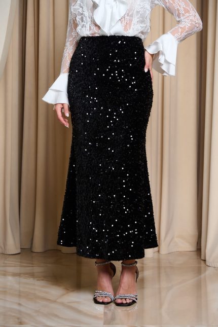 Φούστα velvet midi με παγιέτες μαύρη