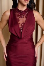 Φόρεμα mini ντραπέ με λεπτομέρεια διαφάνεια βουργουνδί - Image 5