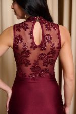 Φόρεμα mini ντραπέ με λεπτομέρεια διαφάνεια βουργουνδί - Image 6