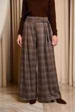 Παντελόνι ψηλόμεσο καρό με ζώνη καφέ