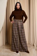 Παντελόνι ψηλόμεσο καρό με ζώνη καφέ - Image 2
