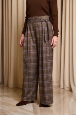 Παντελόνι ψηλόμεσο καρό με ζώνη καφέ - Image 4