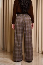 Παντελόνι ψηλόμεσο καρό με ζώνη καφέ - Image 5