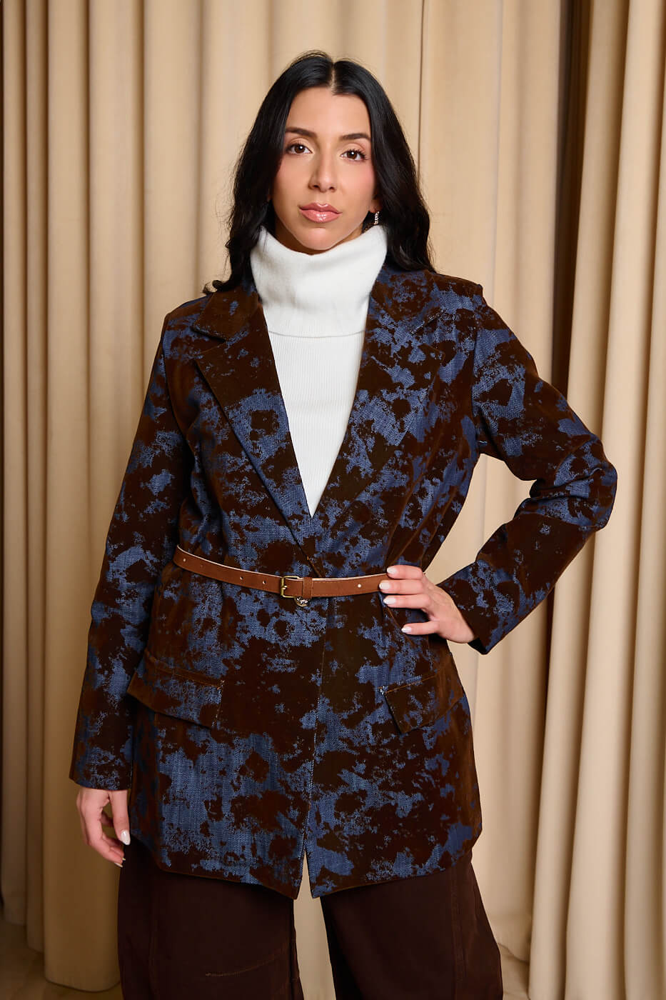 GA-2128 Σακάκι τζιν με velvet καφέ λεπτομέρειες και ζώνη