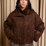 Τζάκετ καστόρι με κεντήματα καφέ