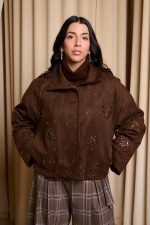 Τζάκετ καστόρι με κεντήματα καφέ