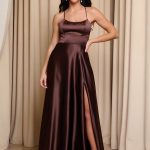 Φόρεμα maxi σατεν καφέ