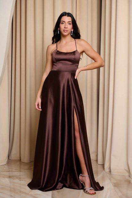 Φόρεμα maxi σατεν καφέ