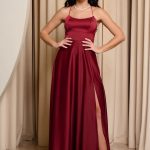 Φόρεμα maxi σατεν βουργουνδί