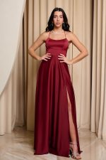 Φόρεμα maxi σατεν βουργουνδί