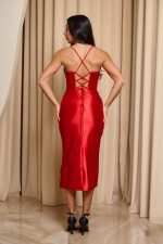 Φόρεμα midi σατέν με κορσέ και ντραπέ μπούστο κόκκινο - Image 5
