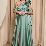 Φόρεμα maxi one shoulder σατέν με φραμπαλά μέντα