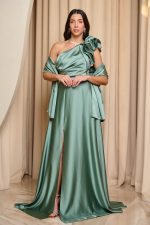 Φόρεμα maxi one shoulder σατέν με φραμπαλά μέντα