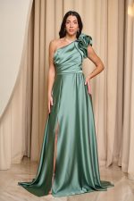 Φόρεμα maxi one shoulder σατέν με φραμπαλά μέντα - Image 2