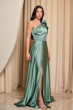 Φόρεμα maxi one shoulder σατέν με φραμπαλά μέντα - Image 4