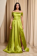 Φόρεμα maxi σατέν off shoulder με λεπτομέρεια κόσμημα lime - Image 2