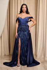Φόρεμα maxi off shoulder με ουρά midnight blue