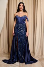 Φόρεμα maxi off shoulder με ουρά midnight blue - Image 2