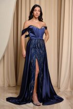 Φόρεμα maxi off shoulder με ουρά midnight blue - Image 3