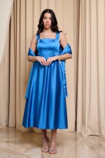 Φόρεμα midi σατέν με τιράντες indigo - Image 3