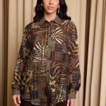 Πουκάμισο με animal print και σειρές από χρυσά στρας χακί