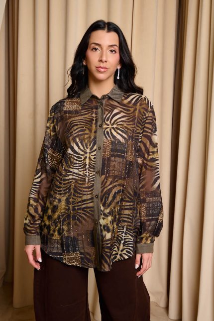 Πουκάμισο με animal print και σειρές από χρυσά στρας χακί