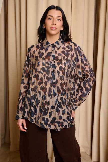Πουκάμισο με λεοπάρ print και σειρές από χρυσά στρας μπεζ