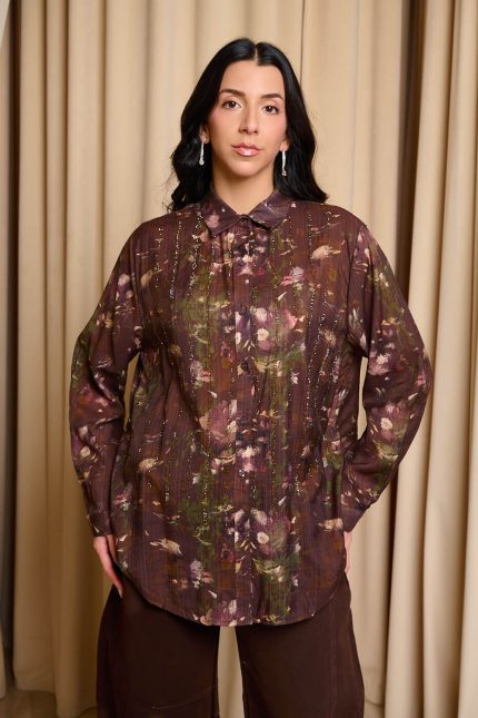 Πουκάμισο με σειρές από χρυσά στρας εμπριμέ