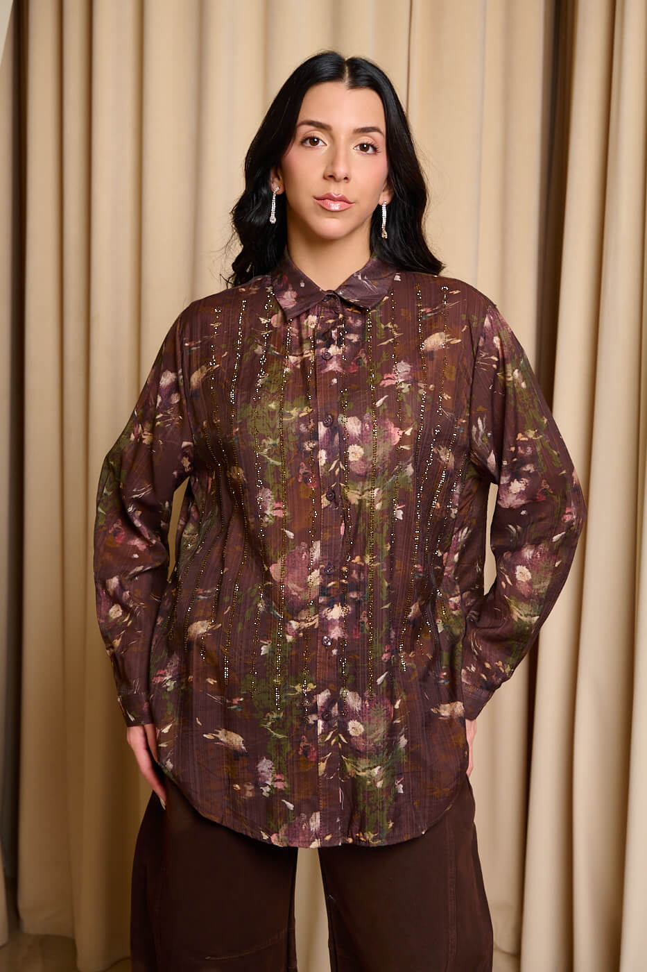 NM-1108-4 Πουκάμισο με σειρές από χρυσά στρας εμπριμέ