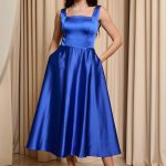 Φόρεμα midi σατέν με τιράντες μπλε ρουά