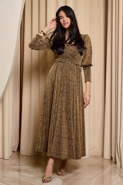 Φόρεμα maxi lurex με ζώνη χρυσό