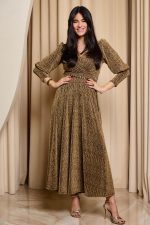 Φόρεμα maxi lurex με ζώνη χρυσό - Image 2